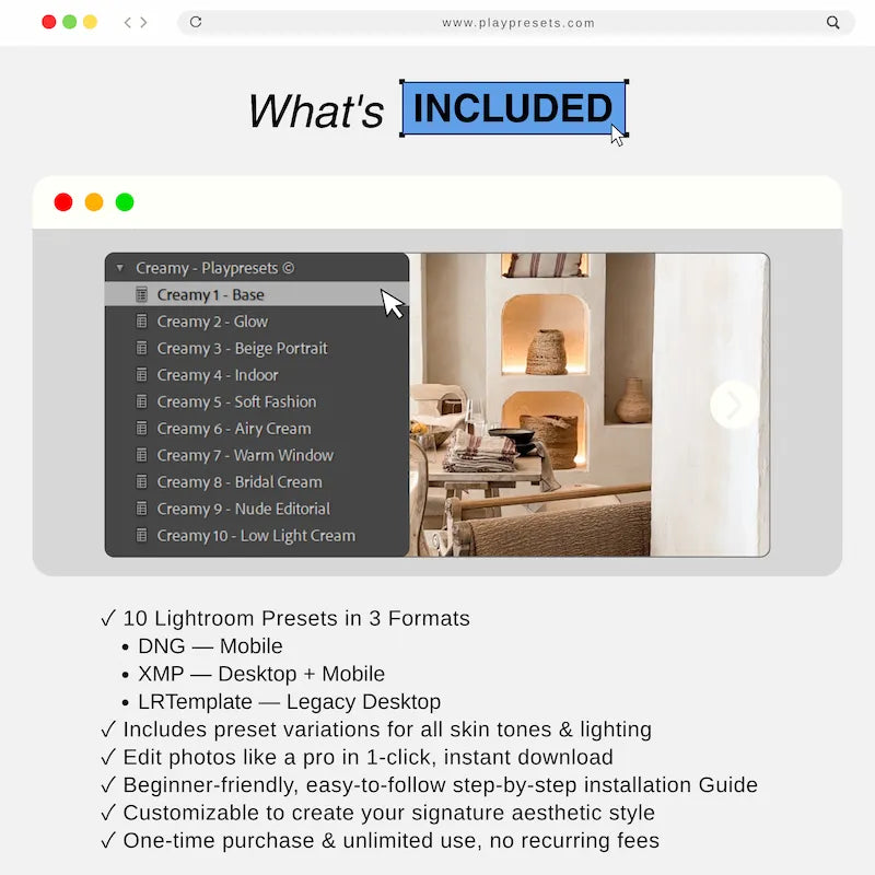 What’s included in Creamy Lightroom presets collection showing preset files and variations for mobile and desktop
