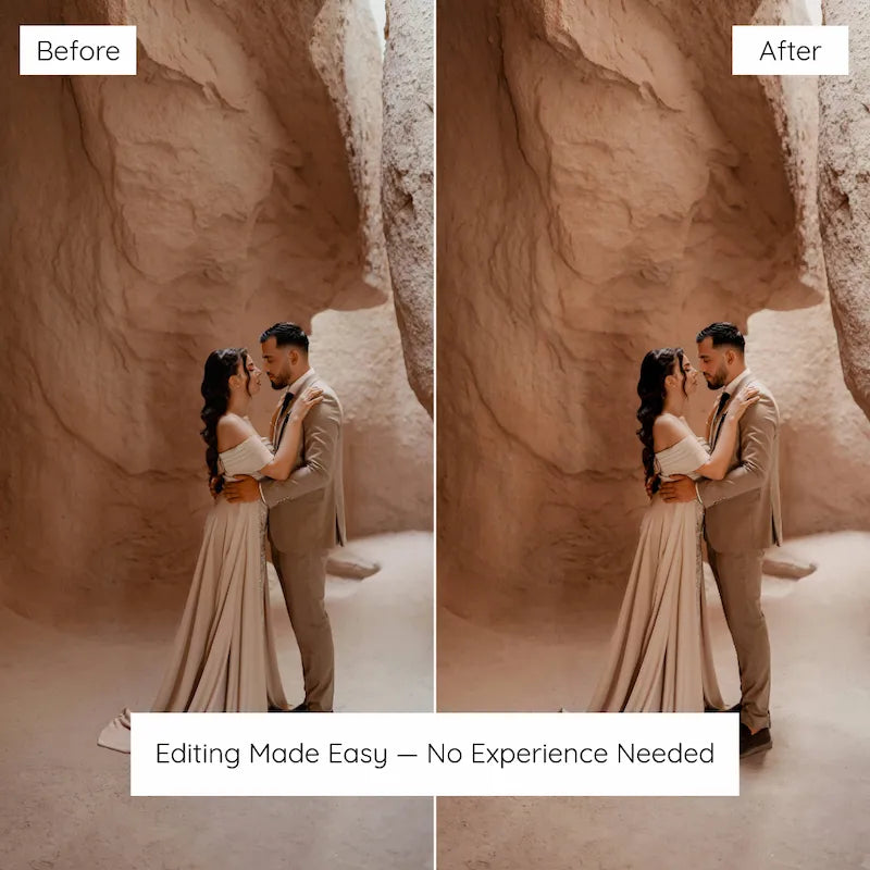 Before and after desert portrait edited with Earth Tones Lightroom presets showing warm browns, natural neutrals, and soft earthy contrast
