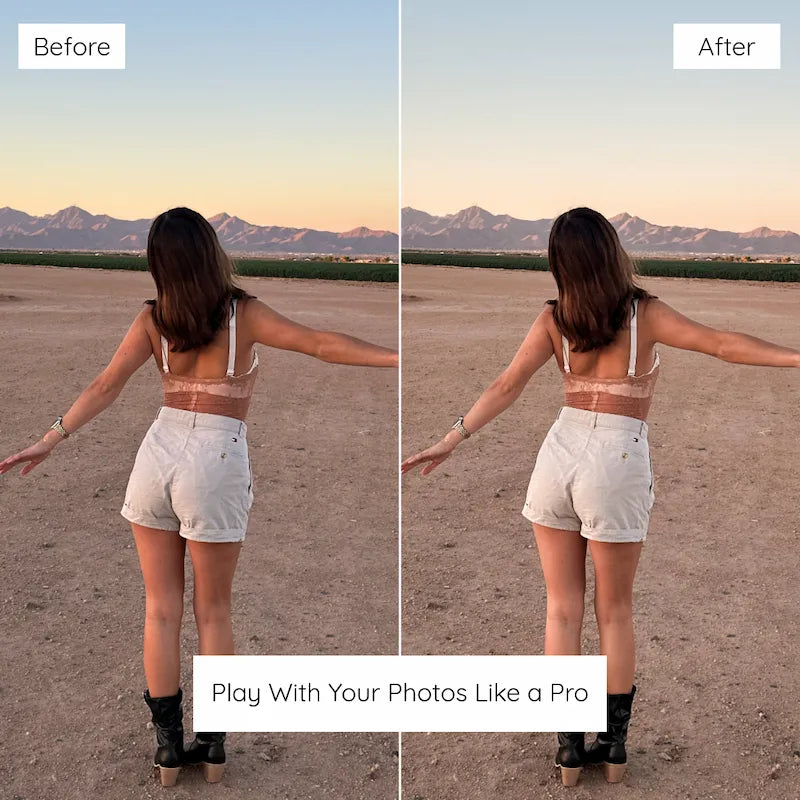 Before and after desert lifestyle photo edited with Earth Tones Lightroom presets featuring warm neutral tones, muted color, and natural sunset light