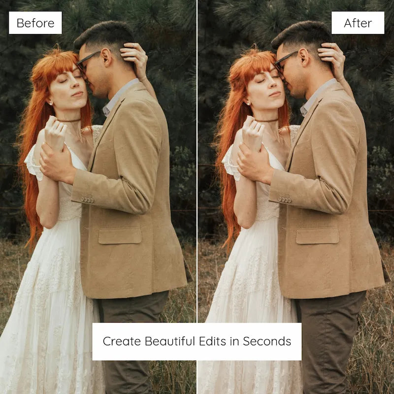 Before and after couple portrait edited with Earth Tones Lightroom presets showing warm browns, natural skin tones, and rich organic color