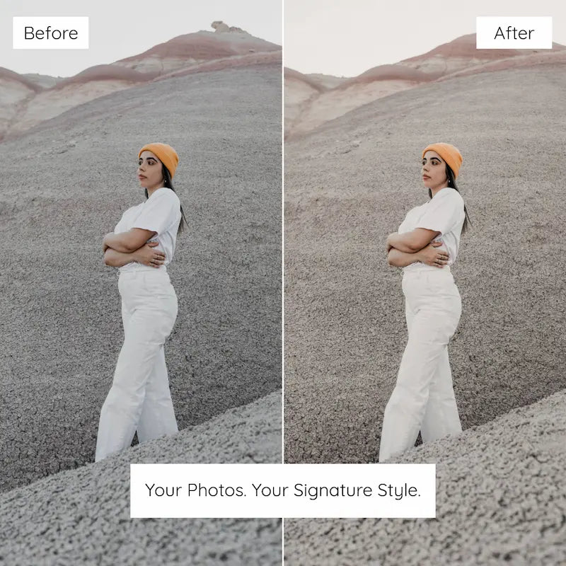 Before and after outdoor portrait edited with Earth Tones Lightroom presets featuring muted neutrals, soft earthy tones, and balanced natural contrast