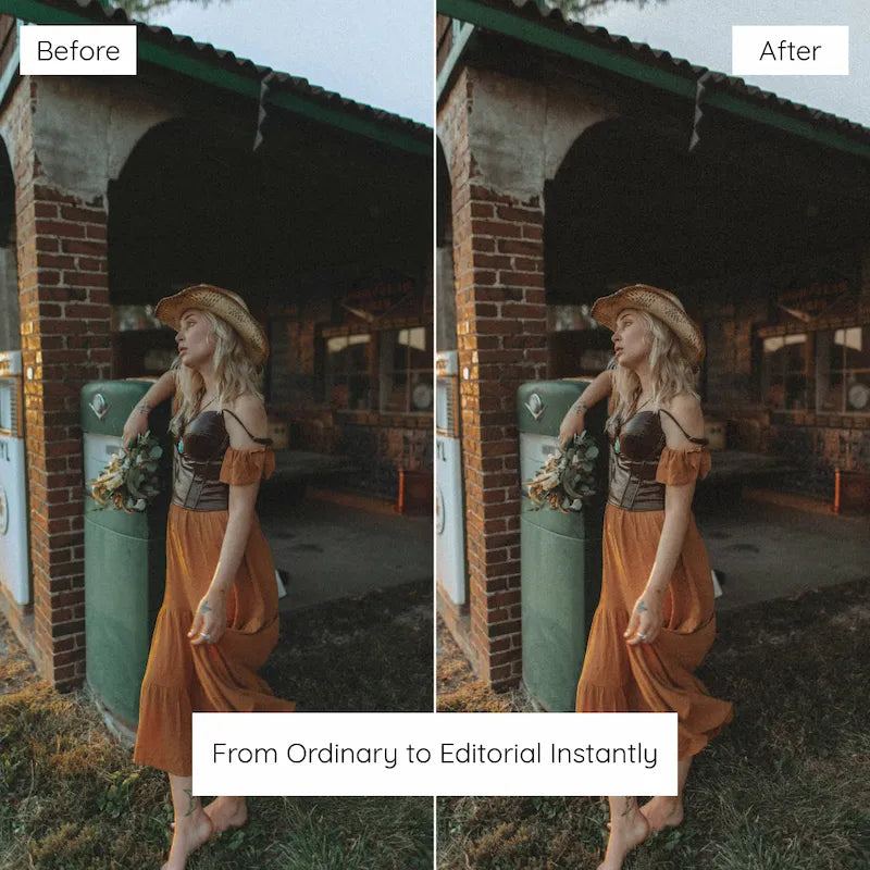 Before and after lifestyle portrait edited with Earth Tones Lightroom presets showing warm browns, muted greens, and grounded shadow depth