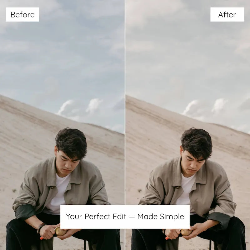 Before and after outdoor portrait edited with Earth Tones Lightroom presets featuring natural neutrals, muted color, and soft earthy contrast