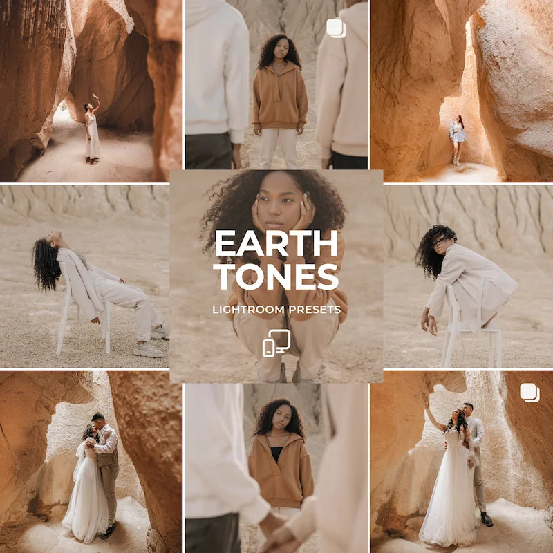 Earth Tones Lightroom presets cover showing warm browns, natural neutrals, outdoor portraits, and earthy desert photography
