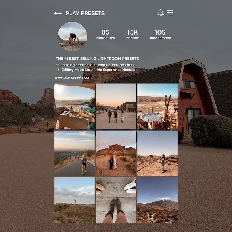 Instagram feed preview edited with Earth Tones Lightroom presets showing cohesive warm browns, muted greens, natural landscapes, and earthy lifestyle tones