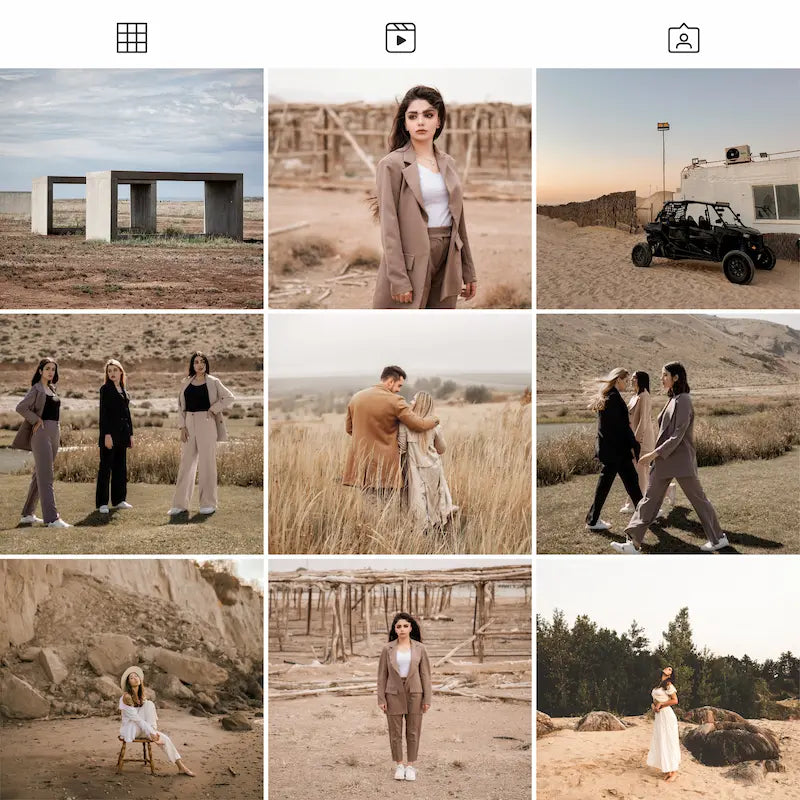 Photo grid preview edited with Earth Tones Lightroom presets showing cohesive desert landscapes, outdoor portraits, warm neutrals, and organic earthy tones