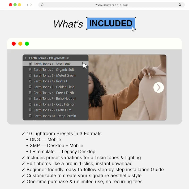 What’s included in Earth Tones Lightroom presets collection showing 10 presets and files for mobile and desktop