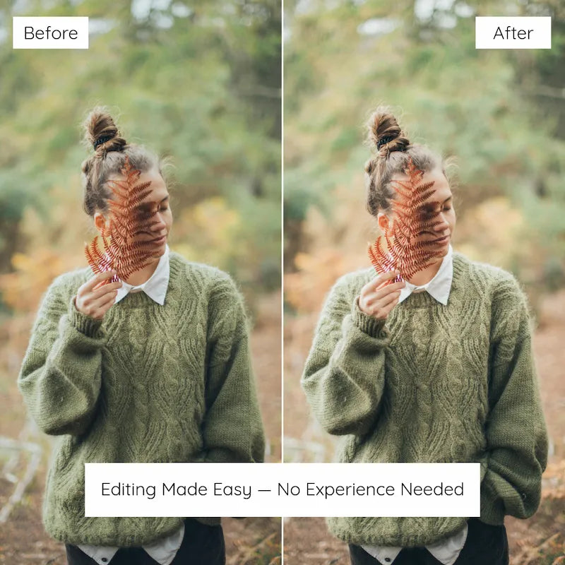 Before and after outdoor portrait edited with Fern Lightroom presets showing natural green tones, subtle warmth, and balanced light