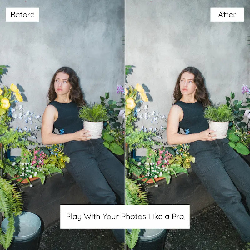 Before and after garden portrait edited with Fern Lightroom presets featuring fresh botanical greens, natural skin tones, and clean color