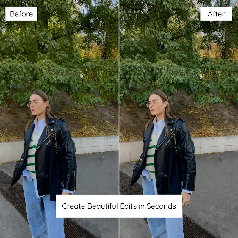 Before and after outdoor lifestyle photo edited with Fern Lightroom presets showing lush greens, balanced contrast, and natural warmth