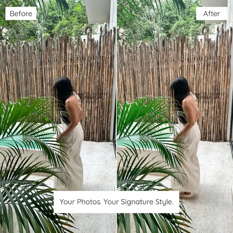 Before and after garden portrait edited with Fern Lightroom presets featuring soft greenery, clean whites, and a fresh natural finish