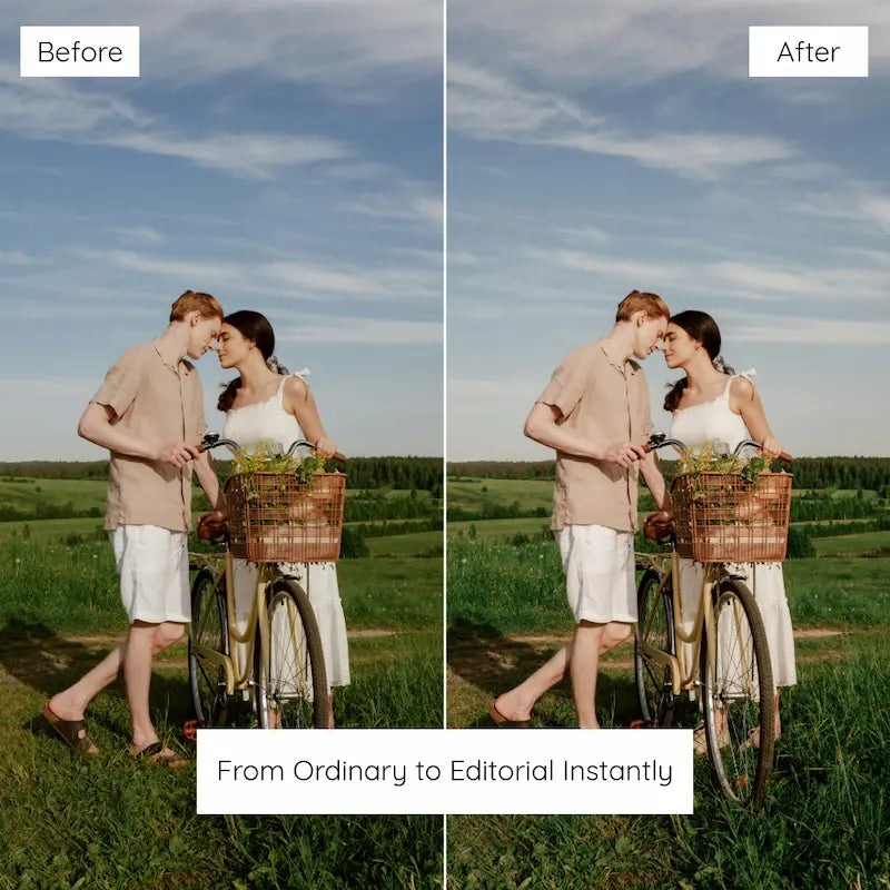 Before and after outdoor couple portrait edited with Fern Lightroom presets showing natural greens, warm skin tones, and refined light