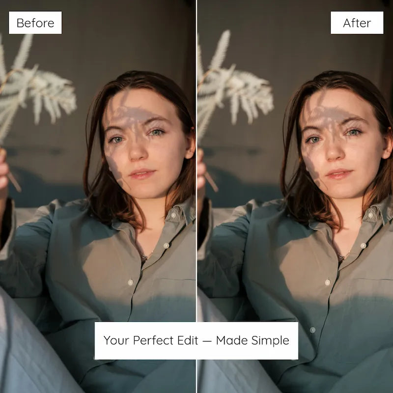Before and after indoor portrait edited with Fern Lightroom presets featuring balanced skin tones, subtle warmth, and clean natural color