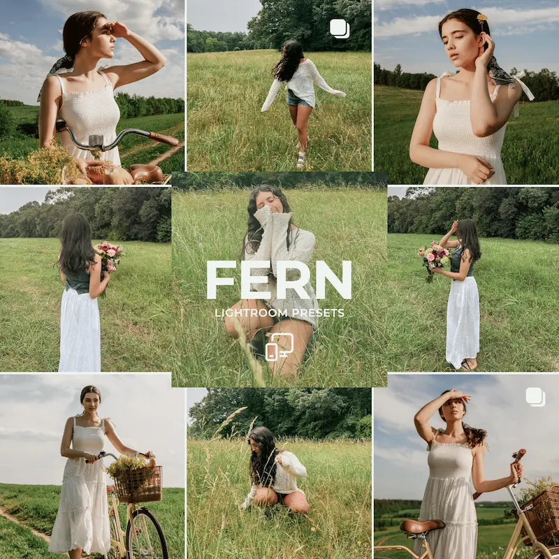Fern Lightroom presets cover showing outdoor portraits, lush greenery, natural light, and fresh botanical tones