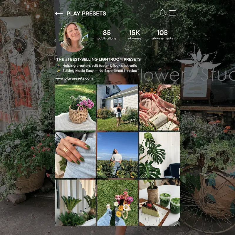 Instagram feed preview edited with Fern Lightroom presets showing cohesive greenery, nature, lifestyle, and outdoor photography