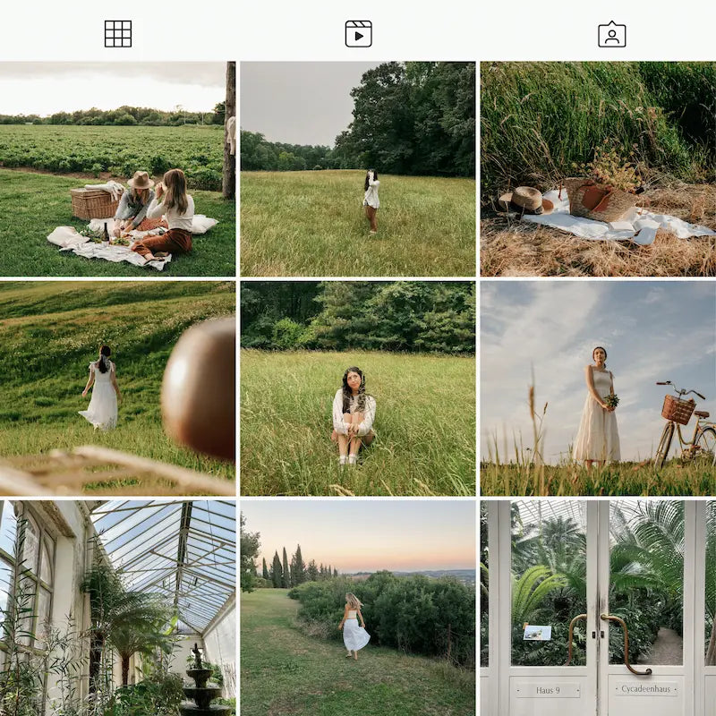 Photo grid preview edited with Fern Lightroom presets showing cohesive gardens, outdoor portraits, nature, and green landscapes