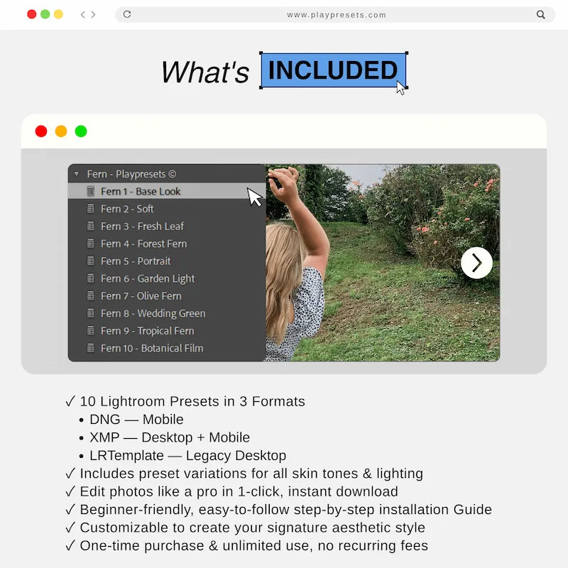 What’s included in Fern Lightroom presets collection showing 10 presets and files for mobile and desktop