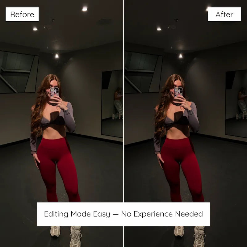 Before and after gym mirror selfie edited with Fitness Lightroom presets showing athletic definition, natural skin tones, and controlled contrast