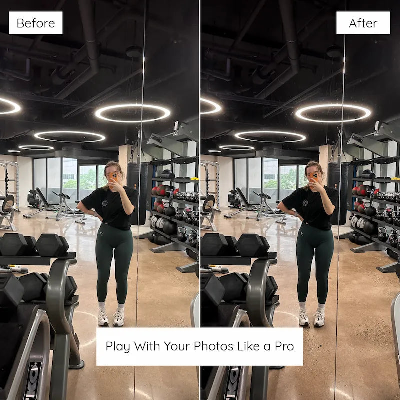 Before and after gym workout photo edited with Fitness Lightroom presets featuring crisp contrast, balanced shadows, and clean athletic detail