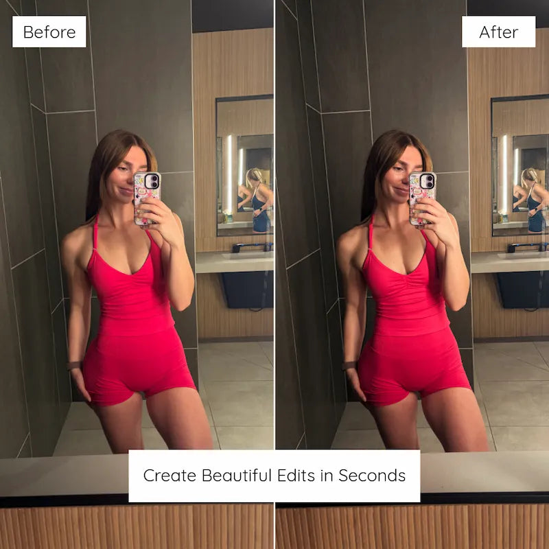 Before and after fitness mirror selfie edited with Fitness Lightroom presets showing natural skin tones, defined color, and balanced indoor lighting