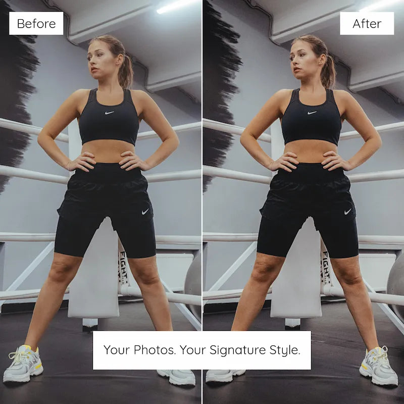 Before and after gym portrait edited with Fitness Lightroom presets featuring athletic definition, crisp contrast, and natural-looking skin