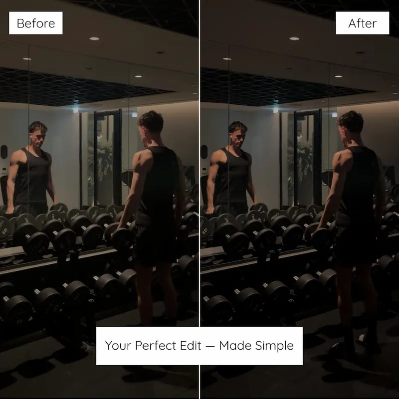 Before and after gym training photo edited with Fitness Lightroom presets featuring controlled shadows, athletic definition, and crisp workout detail