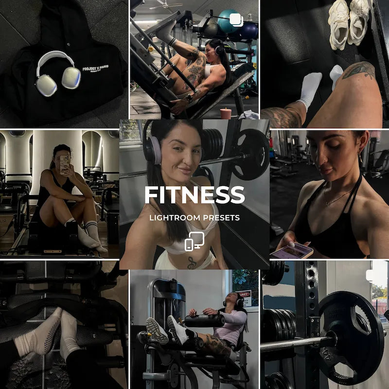 Fitness Lightroom presets cover showing gym and workout photos with athletic definition, crisp contrast, and natural skin tones