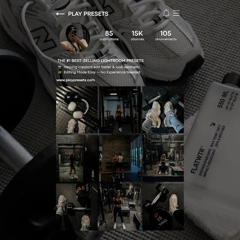 Instagram feed preview edited with Fitness Lightroom presets showing cohesive workout content, controlled shadows, and clean athletic tones