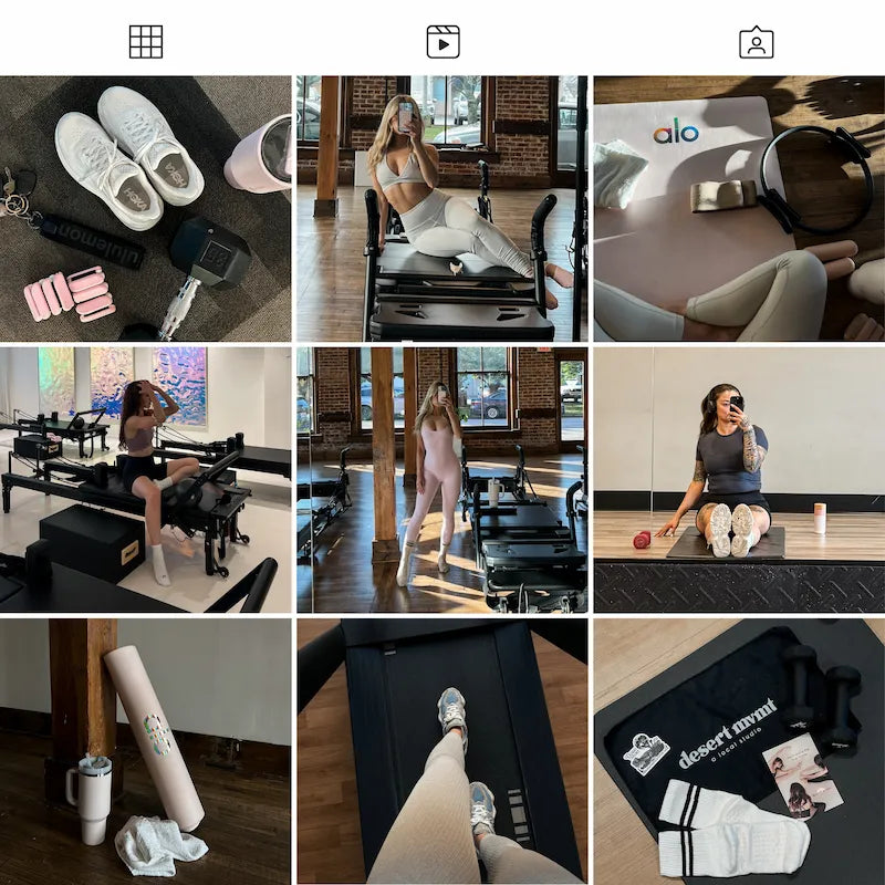 Photo grid preview edited with Fitness Lightroom presets showing gym workouts, fitness portraits, equipment, and clean athletic tones