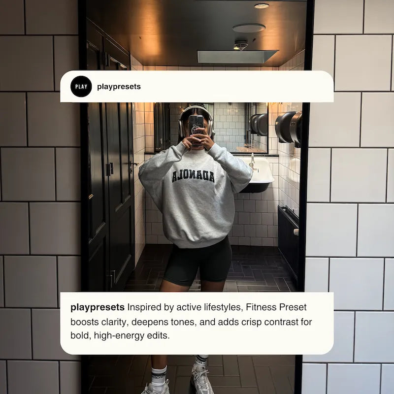 Fitness Lightroom presets preview showing a gym lifestyle photo with crisp contrast, balanced shadows, and natural athletic detail