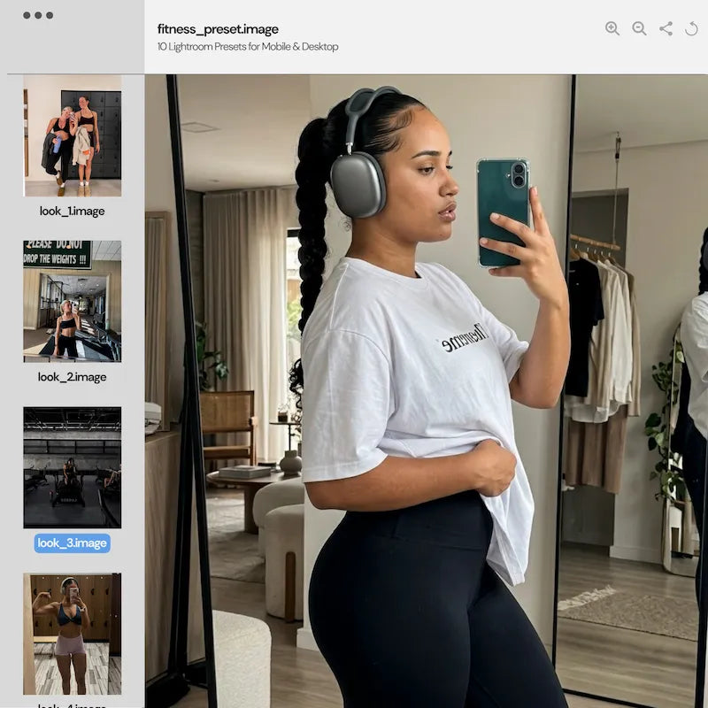 Fitness Lightroom preset variations preview showing a fitness mirror selfie with natural skin tones, crisp detail, and balanced contrast