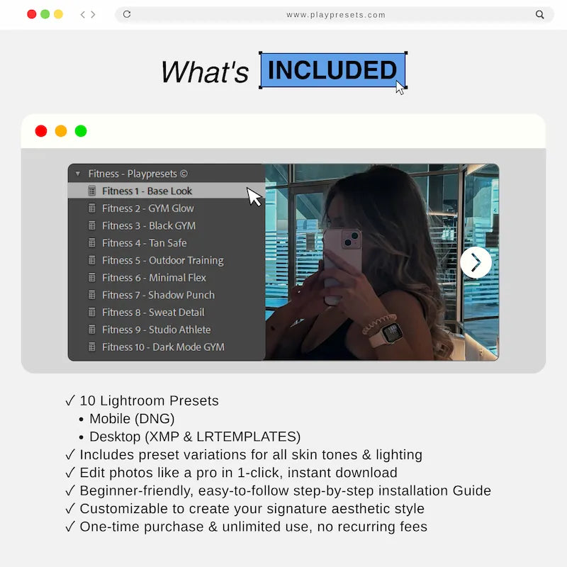 What’s included in Fitness Lightroom presets collection showing 10 presets and files for mobile and desktop