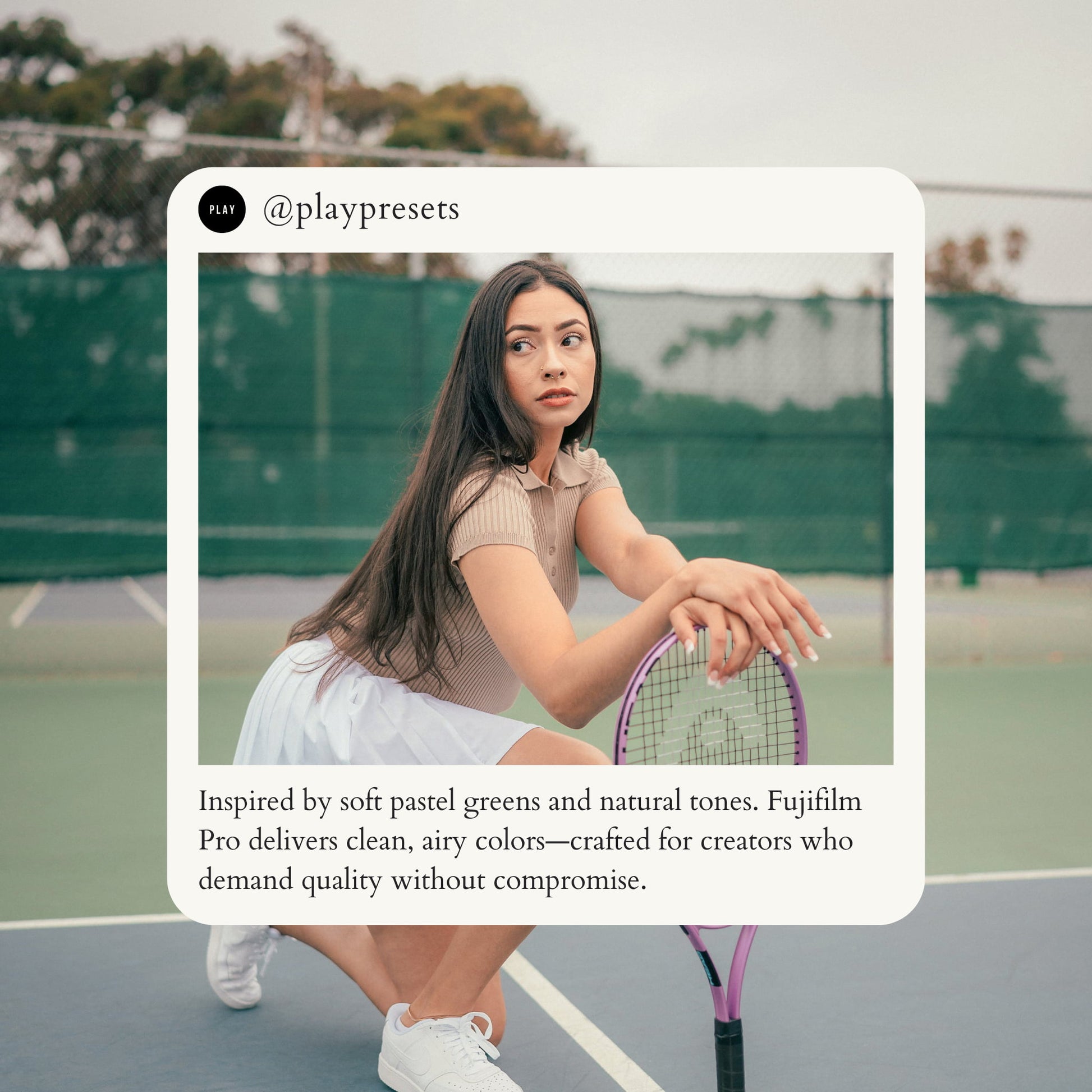 Woman holding a tennis racket on a tennis court edited with Fujifilm Pro Look Video LUTs.