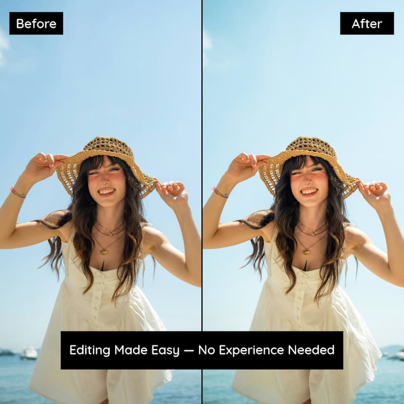 Before and after portrait edited with Fuji Provia Lightroom presets showing bright tones and natural skin color in outdoor light