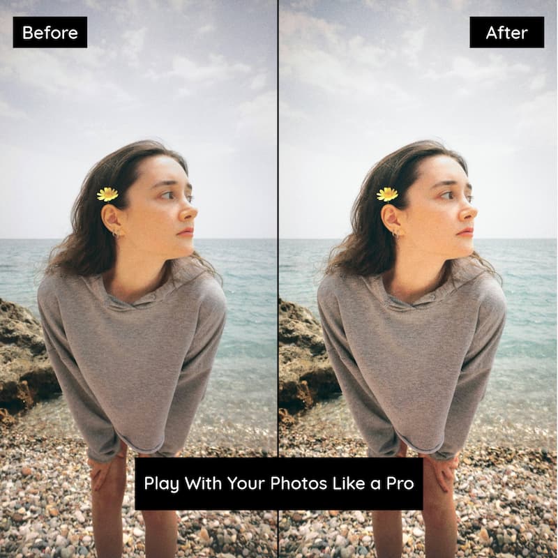 Before and after beach photo edited with Fuji Provia Lightroom presets highlighting clean colors and soft contrast