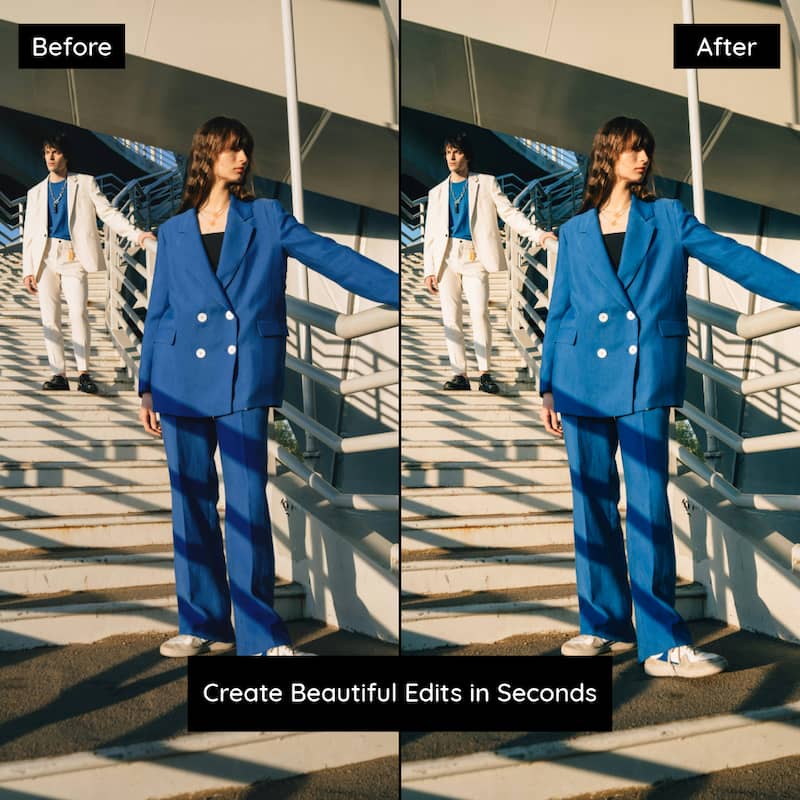 Before and after fashion photo edited with Fuji Provia Lightroom presets showing vivid tones and editorial-style color balance
