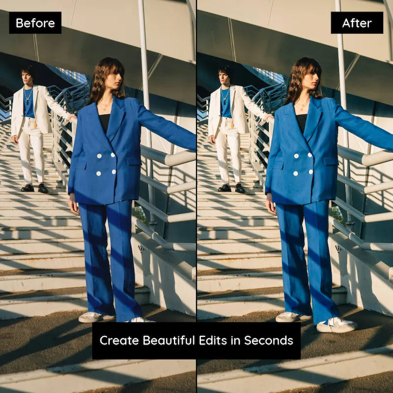 Before and after fashion photo edited with Fuji Provia Lightroom presets showing vivid tones and editorial-style color balance