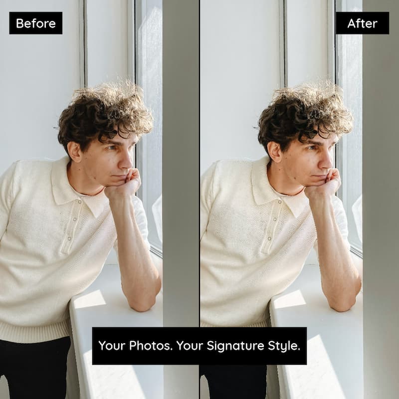 Before and after indoor portrait edited with Fuji Provia Lightroom presets showing smooth highlights and realistic skin tones