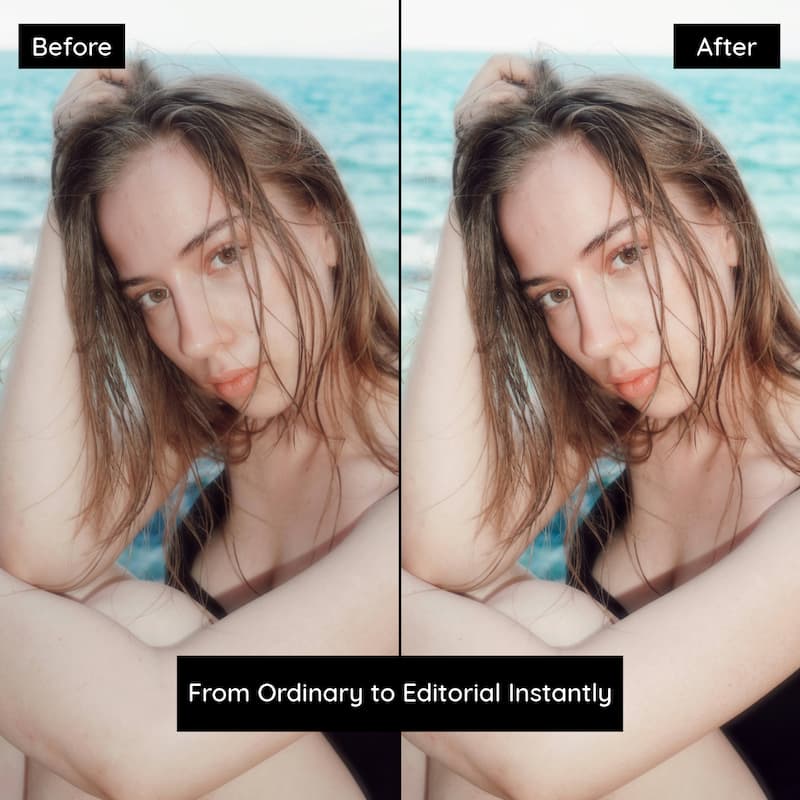 Before and after close-up portrait edited with Fuji Provia Lightroom presets showing crisp detail and natural color rendering
