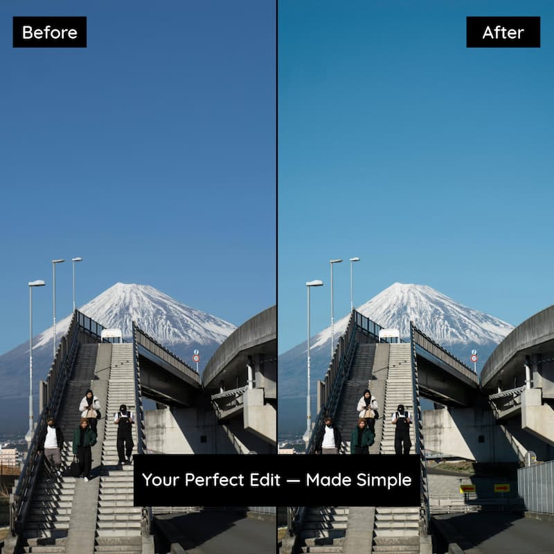 Before and after urban architecture photo edited with Fuji Provia Lightroom presets showing clear sky tones and balanced exposure