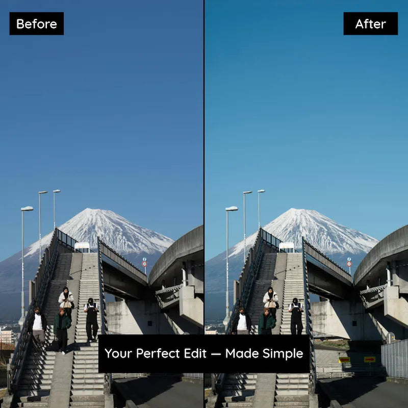 Before and after urban architecture photo edited with Fuji Provia Lightroom presets showing clear sky tones and balanced exposure