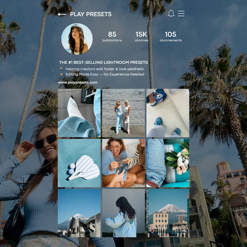 Instagram feed preview edited with Fuji Provia Lightroom presets showing cohesive bright tones and travel lifestyle content