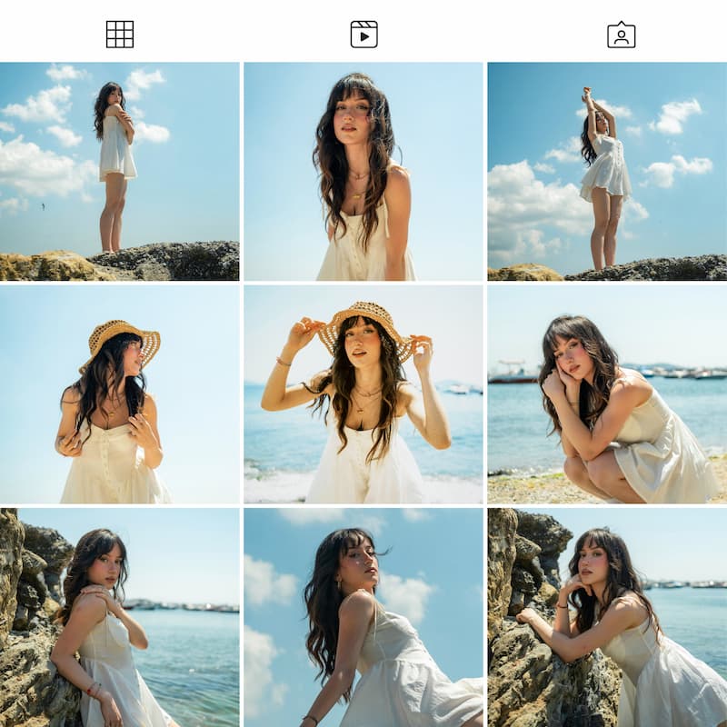 Photo grid preview edited with Fuji Provia Lightroom presets showing consistent tones across portrait and travel images