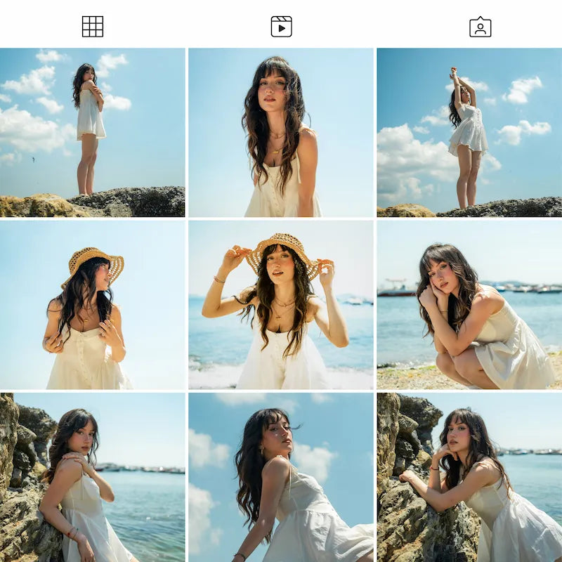Photo grid preview edited with Fuji Provia Lightroom presets showing consistent tones across portrait and travel images