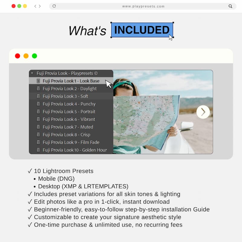 What’s included in Fuji Provia Lightroom presets collection showing preset files and variations for mobile and desktop