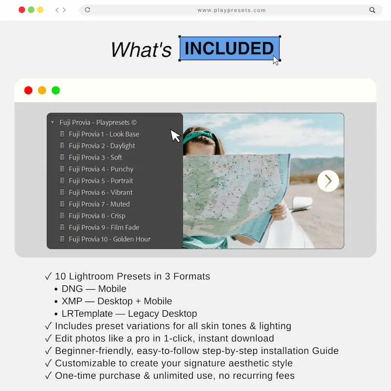 What’s included in Fuji Provia Lightroom presets collection showing preset files and variations for mobile and desktop