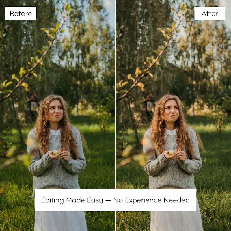 Before and after outdoor portrait edited with Golden Boho Lightroom presets showing golden light, warm earthy tones, and soft natural contrast