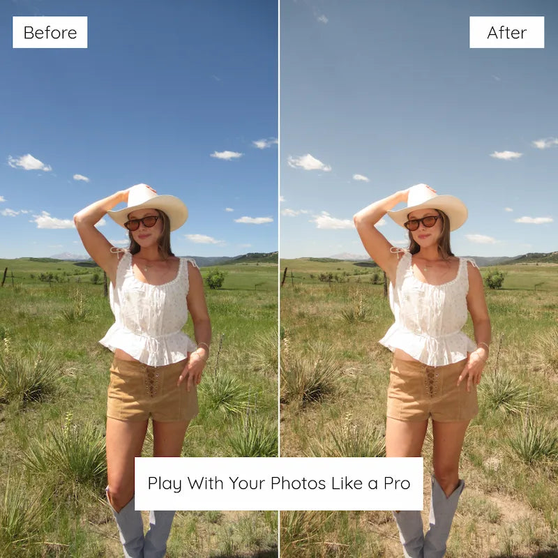 Before and after countryside portrait edited with Golden Boho Lightroom presets featuring sun-kissed warmth, creamy highlights, and soft earthy color