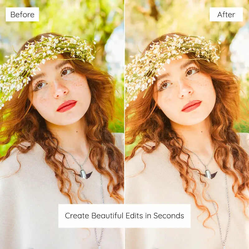 Before and after sunlit portrait edited with Golden Boho Lightroom presets showing warm golden tones, creamy highlights, and natural-looking skin