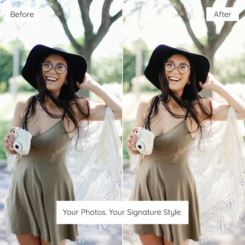 Before and after boho lifestyle portrait edited with Golden Boho Lightroom presets featuring warm earthy tones, soft highlights, and natural skin tones
